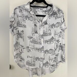 White and Black Graphic Button-Up Shirt